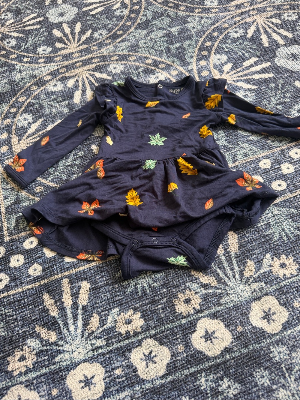 Kyte baby Navy Long-Sleeve Baby Dress Bodysuit with Autumn Leaf Print
